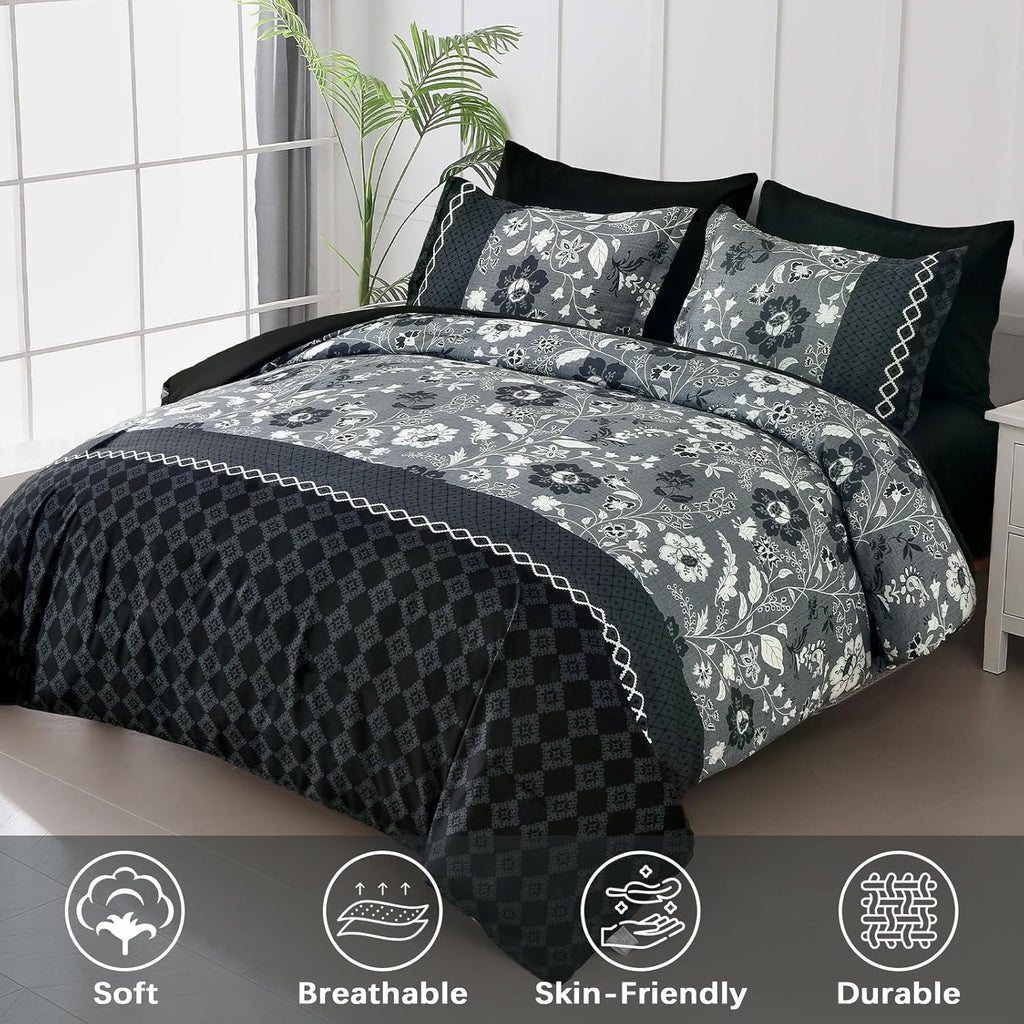 Black Comforter Set Queen, 7 Pieces Bed in a Bag Floral Geometric Patchwork Soft Microfiber Comforter Bedding Set with Comforter, Flat Sheet, Fitted Sheet, Pillow Shams,Pillowcases