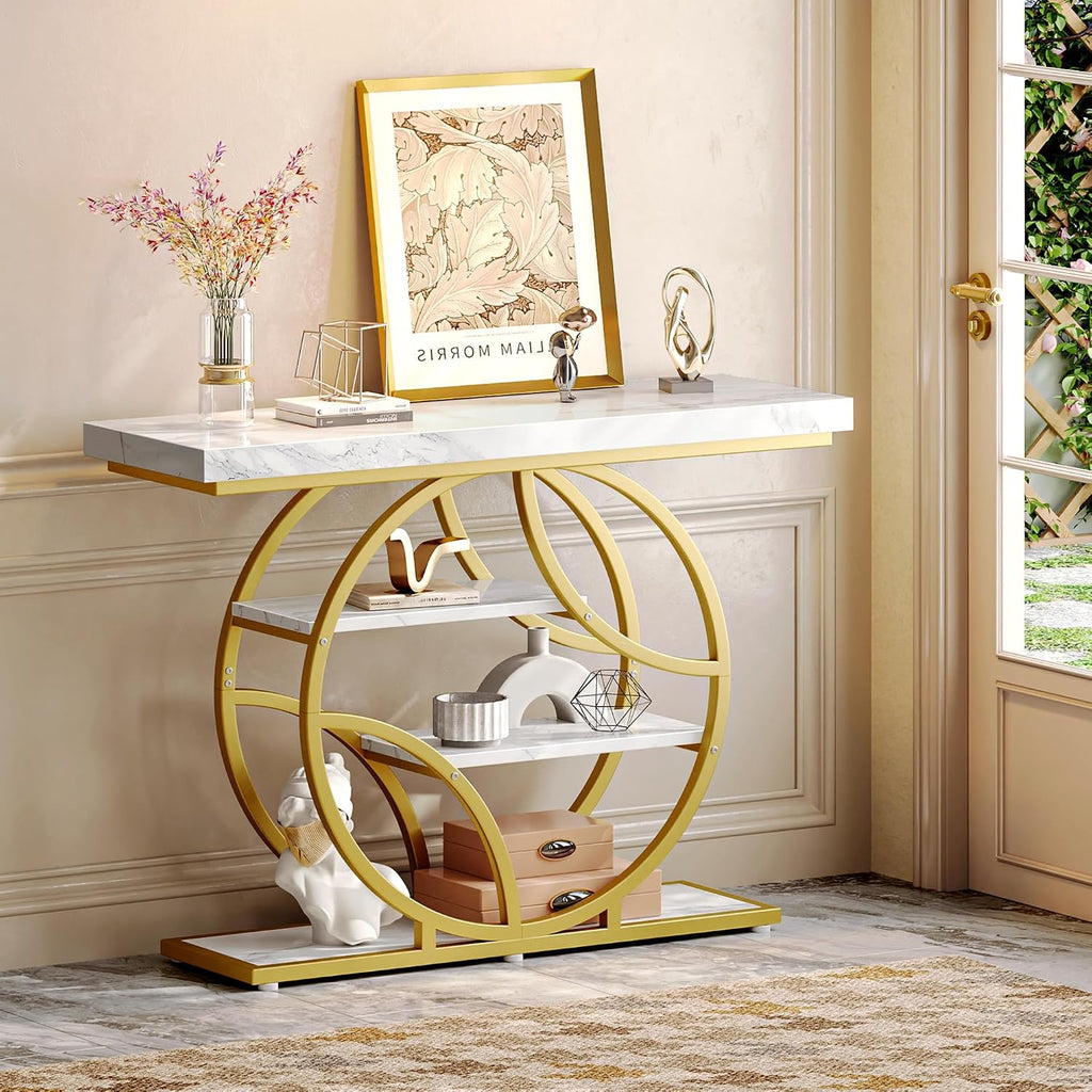 41.3 Inch Entryway Table with Marble Top, Modern Console Sofa Table, Accent Table with Shelves, for Entry, Hallway