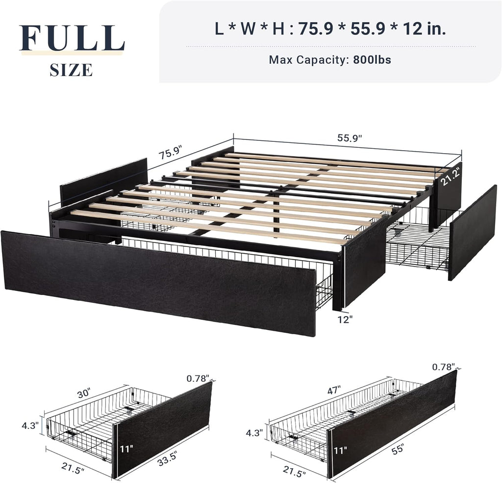 Full Platform Bed Frame with 3 Storage Drawers, Faux Leather Upholstered, Wooden Slats Support, No Box Spring Needed