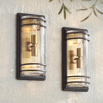 Modern Industrial Outdoor Wall Light Fixtures Set of 2 Bronze Warm Brass 16" Clear Glass Shade for Post Exterior Barn Deck House Porch Yard Patio Garage Garden Outside