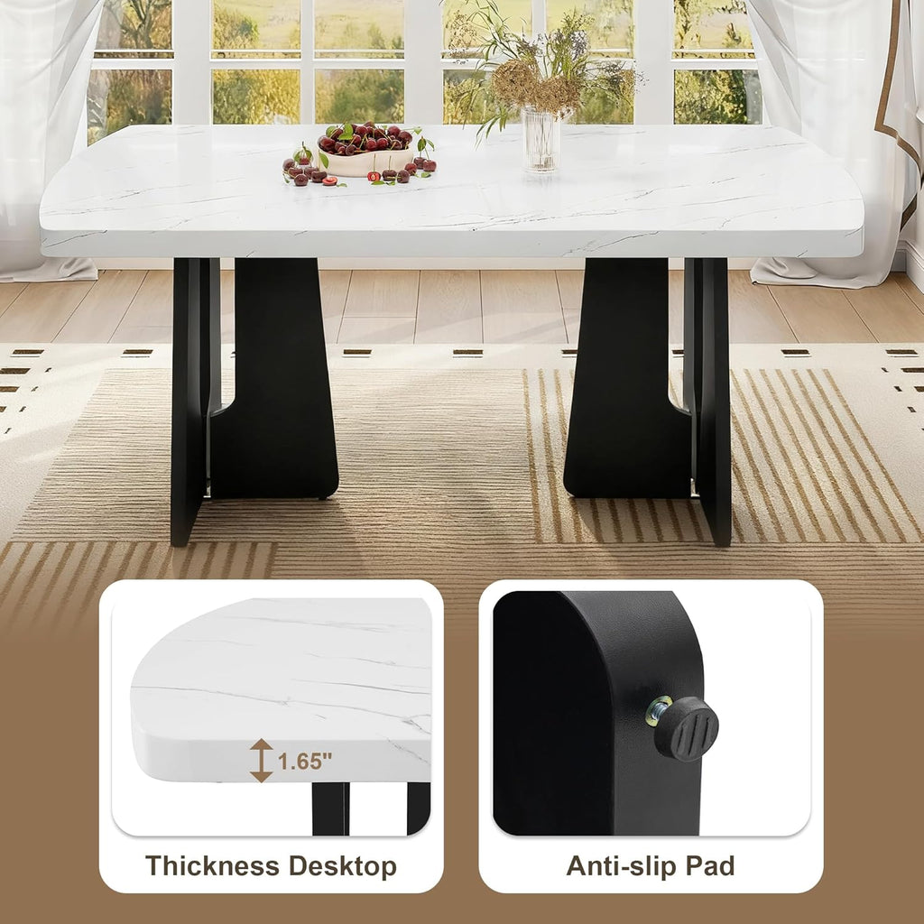 63" Faux Marble Dining Table for 6-8, Rectangular Kitchen Table with Unique Base, MDF Marble Look Top with Rubber