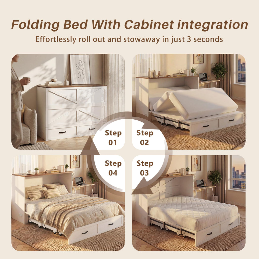 Queen Murphy Bed Frame with Charging Station, Freestanding Cabinet Murphy Bed with Fold-Down Panel & Reinforced