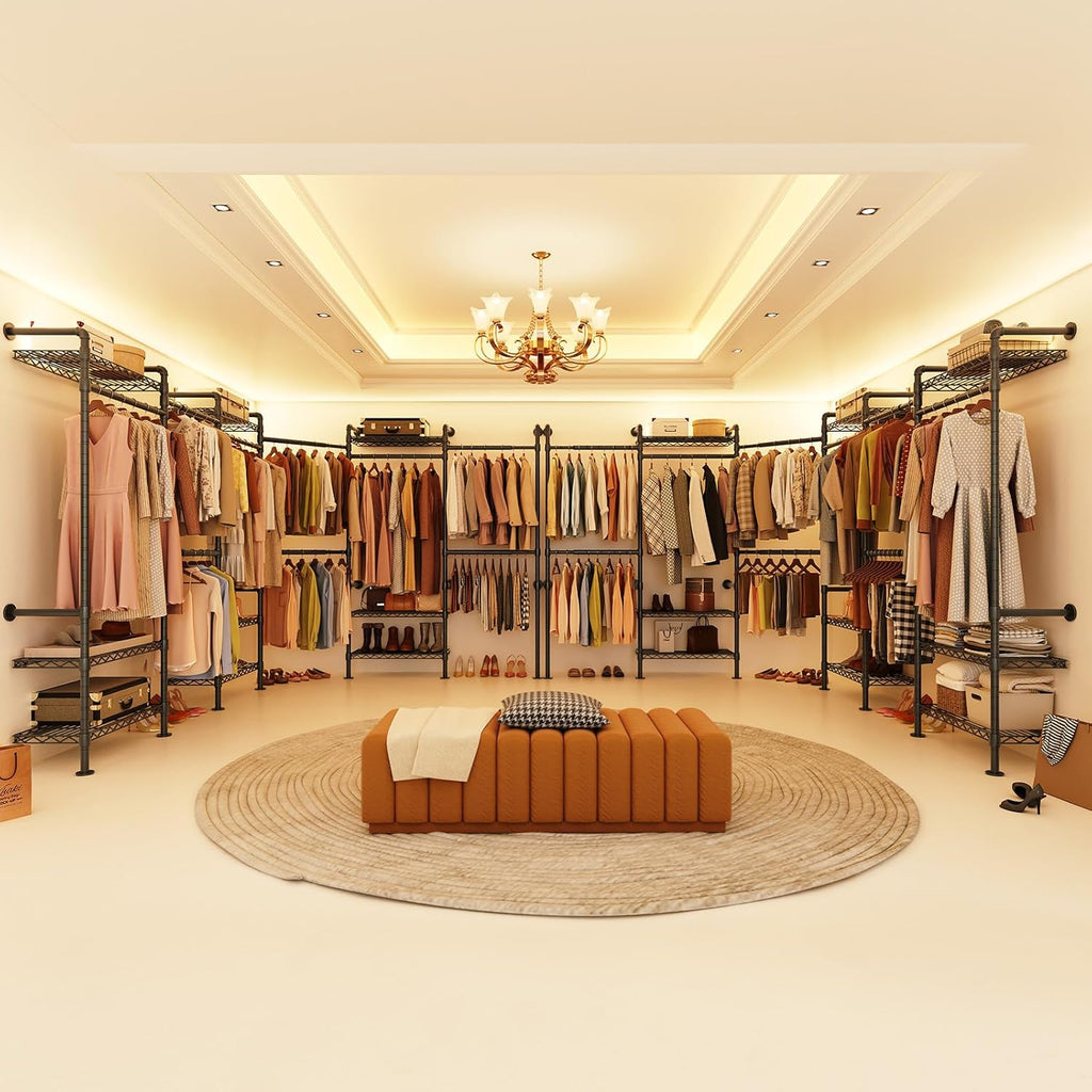 H6 Wall Mounted Closet System, Industrial Pipe Clothes Rack Clothing Racks with 6 Telescopic Rods & 3 Fixing Rods & 9