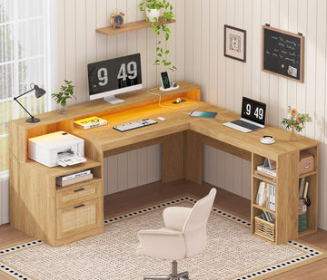 63" Rattan L Shaped Desk with Drawers & Storage Shelves