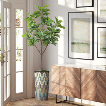 Tree in Modern Pattern Planter, Fake Magnolia Tree for Indoor and Outdoor Home Decoration - 70" Overall Tall (Plant