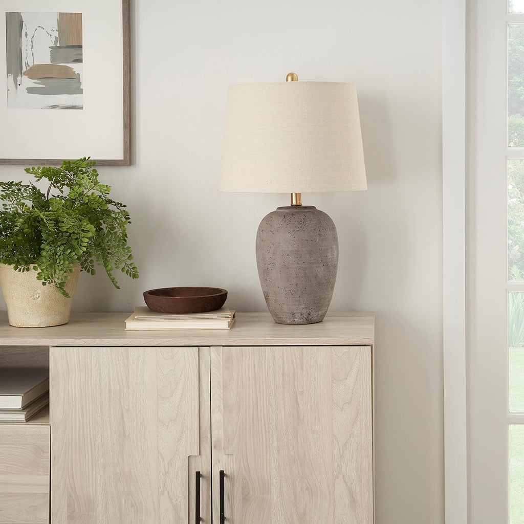 Home 23" Greyish Brown Earth Tone Rustic Farmhouse Ceramic Table Lamp, Dining, Office, with Beige Linen Shade