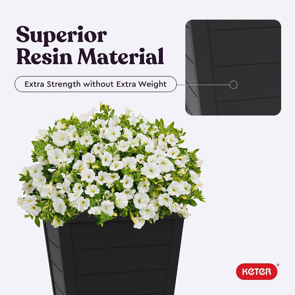 Set of 2 Resin Modern Outdoor 22 Inch Tall Large Flower Pots, Tapered Wood Look Planters for Outdoor Plants and Front