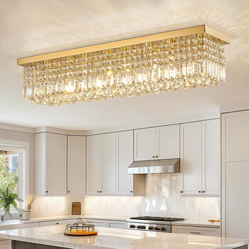 Rectangular Gold Crystal Chandelier, 8-Light Modern Dimmable K9 Crystal Raindrop Chandelier, Luxury Rectangle Flush