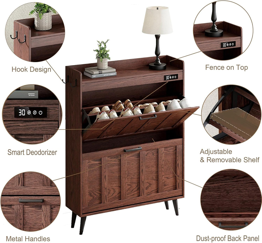 Shoe Storage Cabinet with 2 Flip Drawers, Deodorizing Shoe Organizer Storage , Freestanding Hidden Slim Narrow Shoe