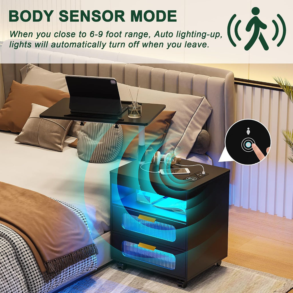 Nightstand with Wireless Charging Station, LED Nightstand Has Adjustable Rotary Workstation,Smart Night Stand with 2