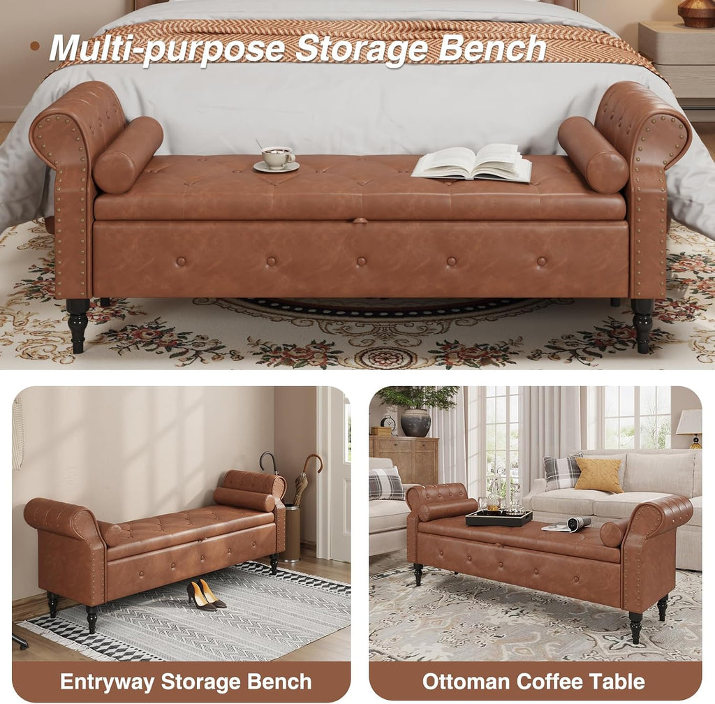65" End of Bed Storage Bench with Rolled Arms,Storage Ottoman | Large Upholstered Shoe Benches with Nailhead
