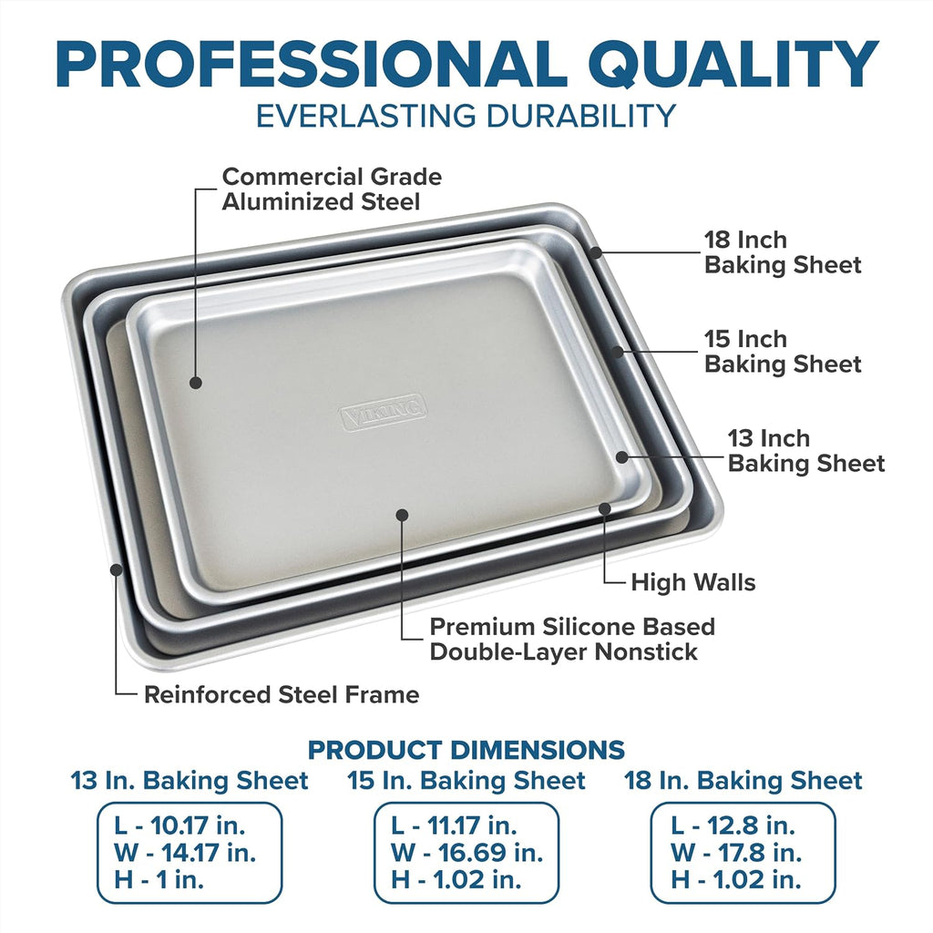 Premium 3-Piece Nonstick Sheet Pan Set, Made without PFAS, Heavy Gauge Aluminized Steel Cookie Sheets with Reinforced
