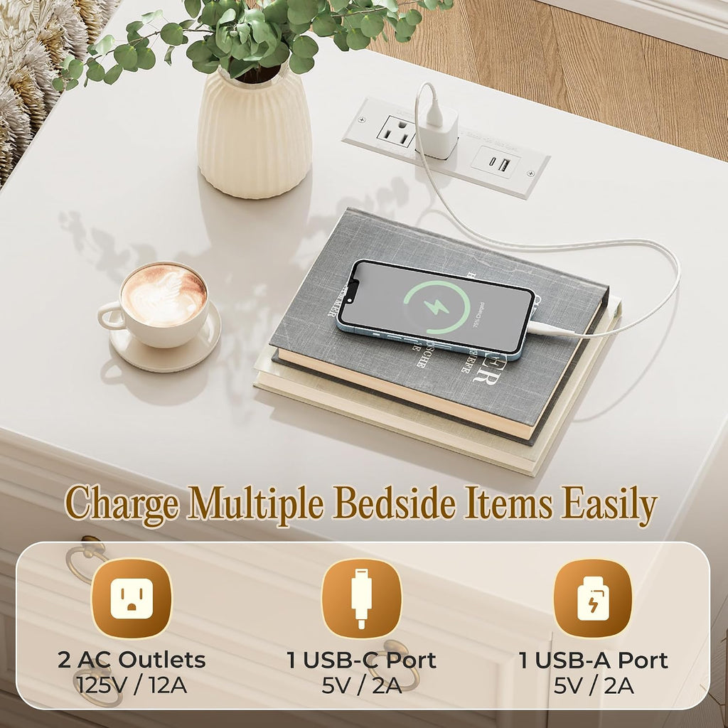27.6 Inch Tall Nightstand with Charging Station, USB-C Port, Larger Night Stand Set of 2, Bedside Table with 2