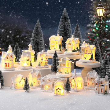 26 Pcs Christmas Winter Village Set, Cute, 8 LED Houses Trees Snow
