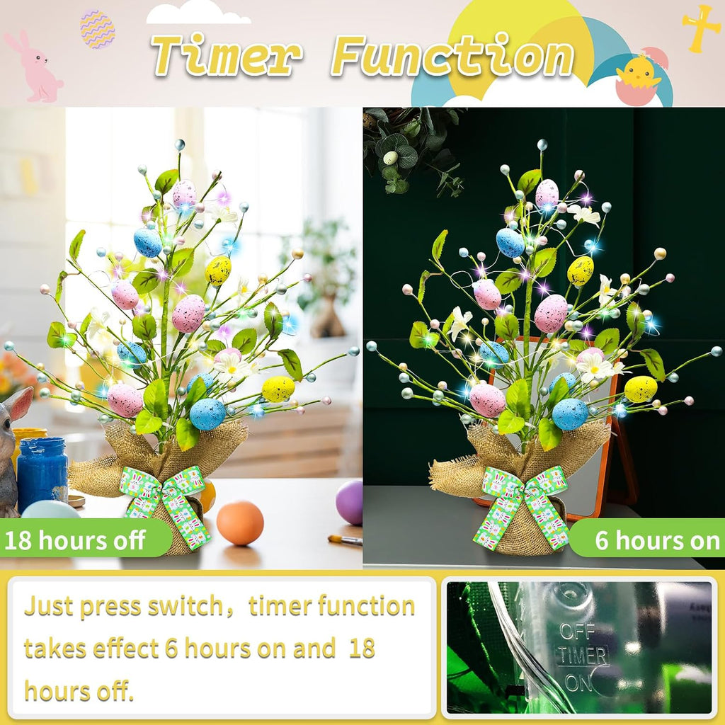 Lighted Easter Decorations 20'' Egg Tree for Tabletop Decor, Timer Egg Tree Ornaments, Easter Artificial Tree