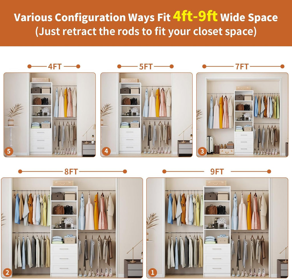 Closet System with Drawers, 5-9FT Closet Organizer System with 4 Expandable Rods & Adjustable Shelves for Walk in