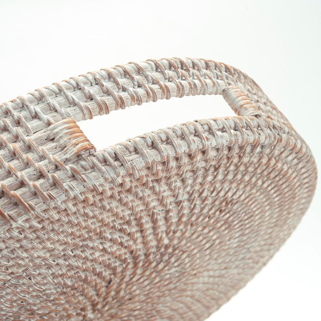 11.8" Round Rattan Tray, Hand Woven Serving Tray with Handles, Wicker Serving Basket, Decorative Tray Decor, Whitewash