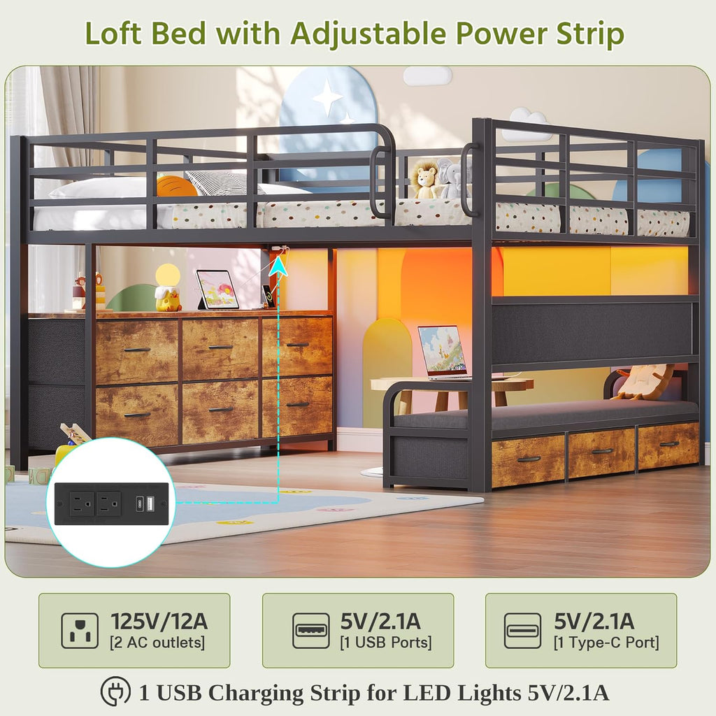 Full Low Loft Bed with Desk,Full Bed Frame with 9 Storage Drawers