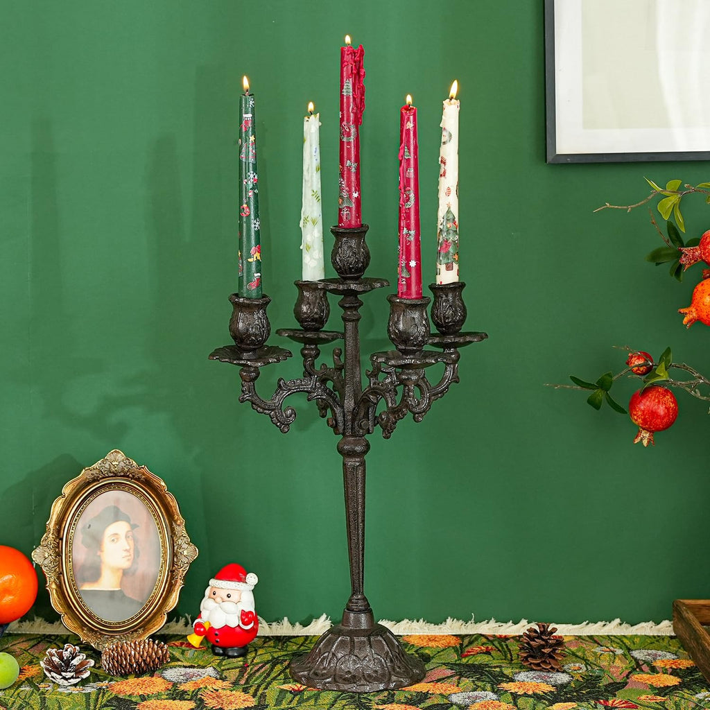 Heavy Duty Cast Iron Candlestick Holders - Handcrafted Vintage Candelabra - 17Inch Tall & 5 Arms Candle Holders