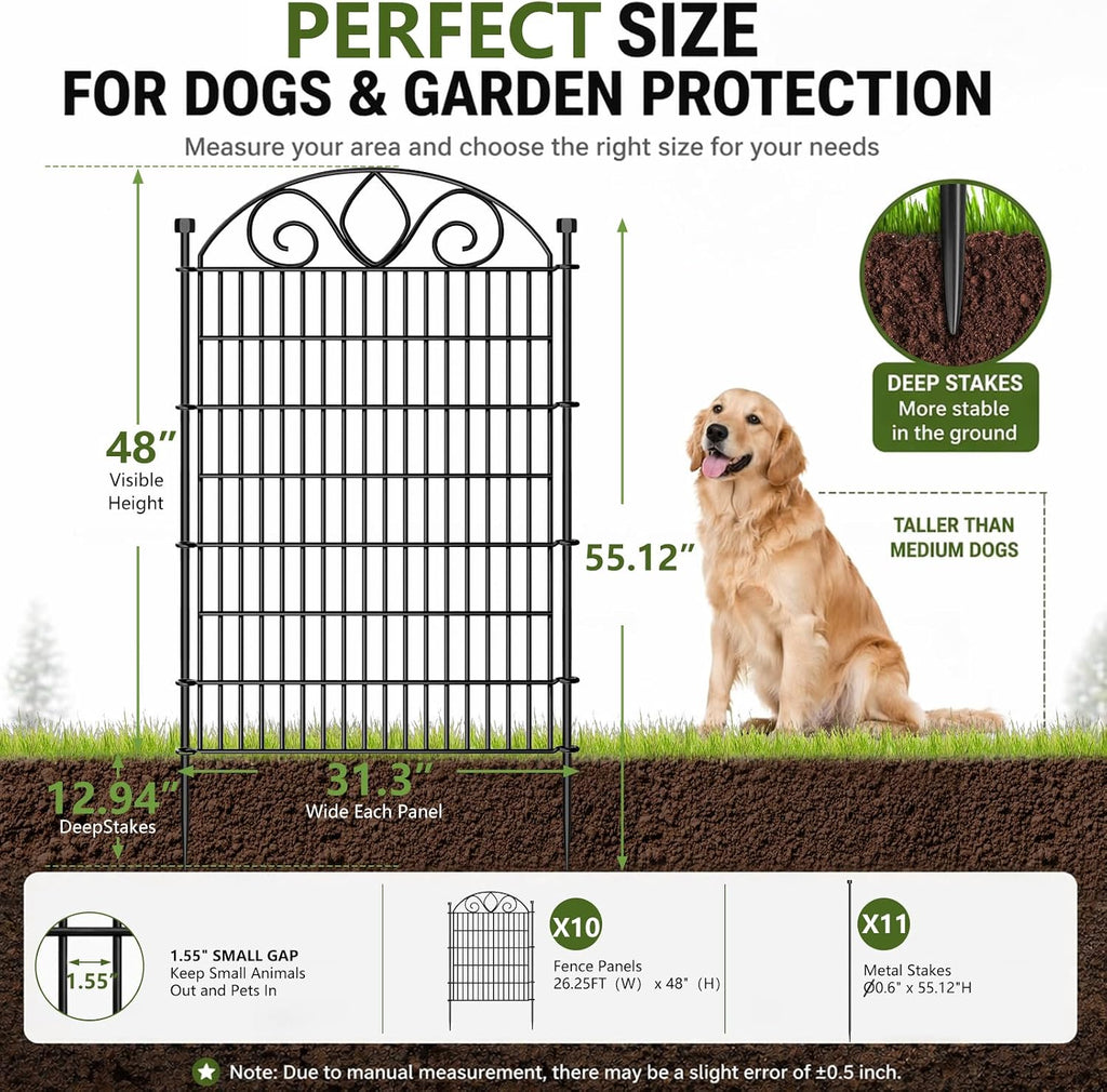 10 Panels No Dig Tall Garden Fence with Gate - 48" H X 26.25' L Rustproof Metal Dog Fence Outdoor for Yard