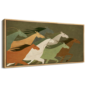 Extra Large Framed Canvas Print Wall Art Running Horses Modern Abstract Horse in Earthy Green and Orange Tones