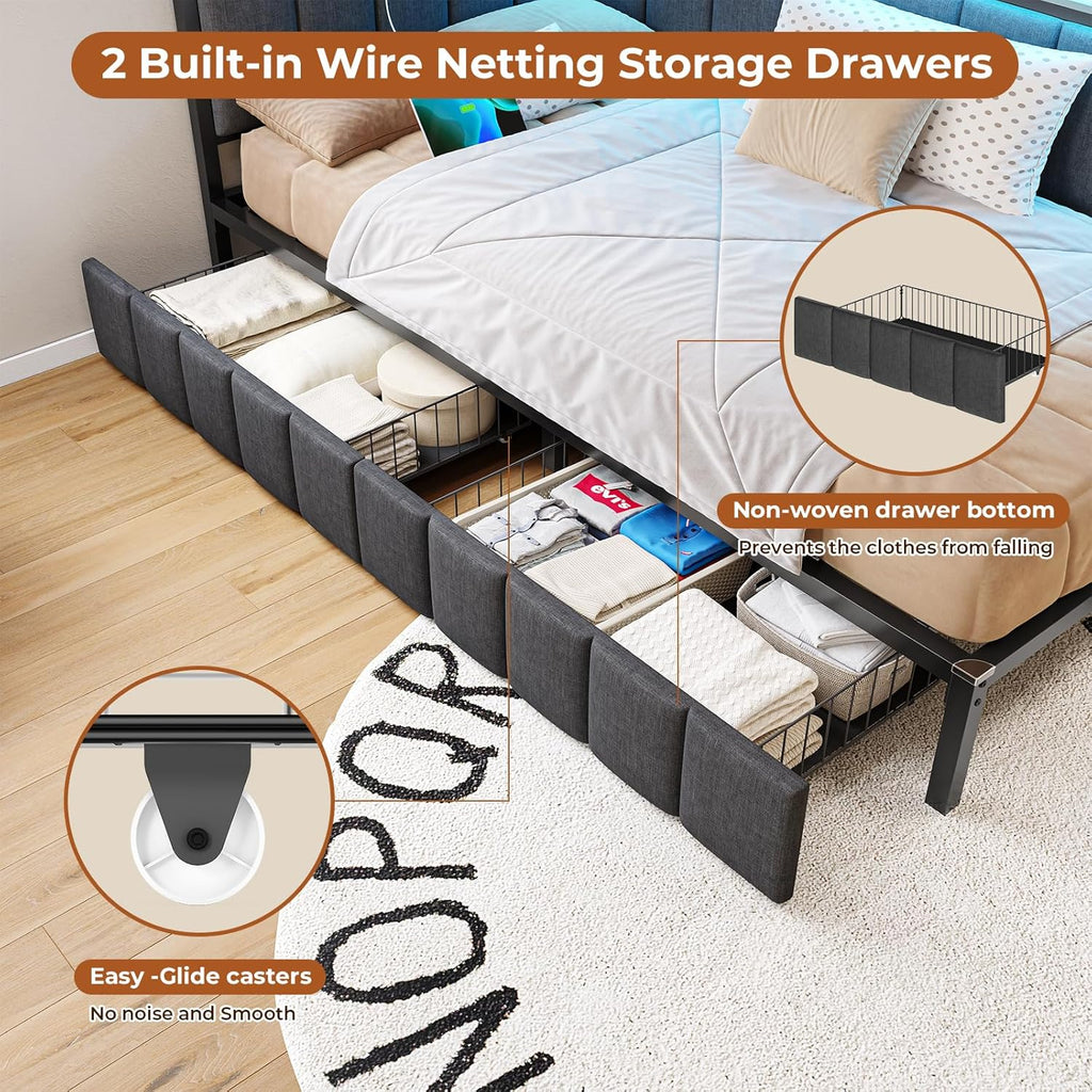 Twin Corner Bed Frame with 2 Storage Drawers and Charging Station Twin Bed Frames with Storage and Led Lights Twin