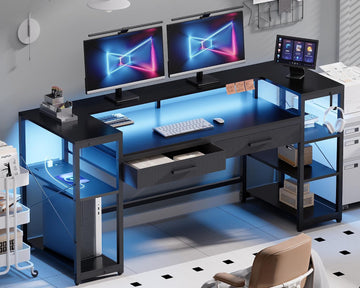 58 Inch Gaming Computer Desk with Monitor Stand Drawers and Shelves | Ample Storage, Large Table with LED Lights &
