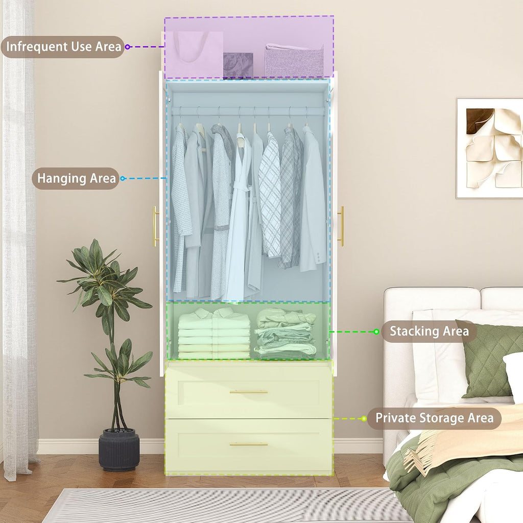 Armoire Wardrobe Closet with Drawers: 75" White Wardrobe Closet with 2 Doors and 2 Drawers, Wood Armoire Closets