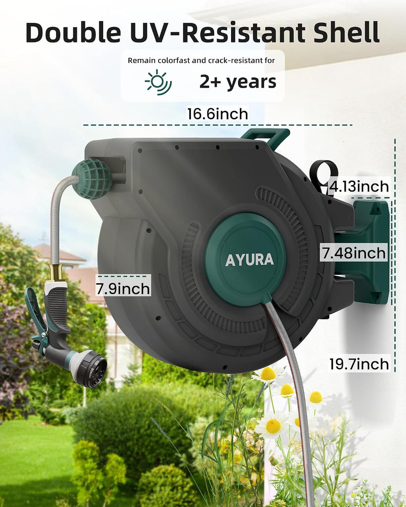 Retractable Garden Hose Reel 1/2 Inch x 100 ft,Automatic Slow Rewind System | Heavy Duty Automatic Garden Hose Reels