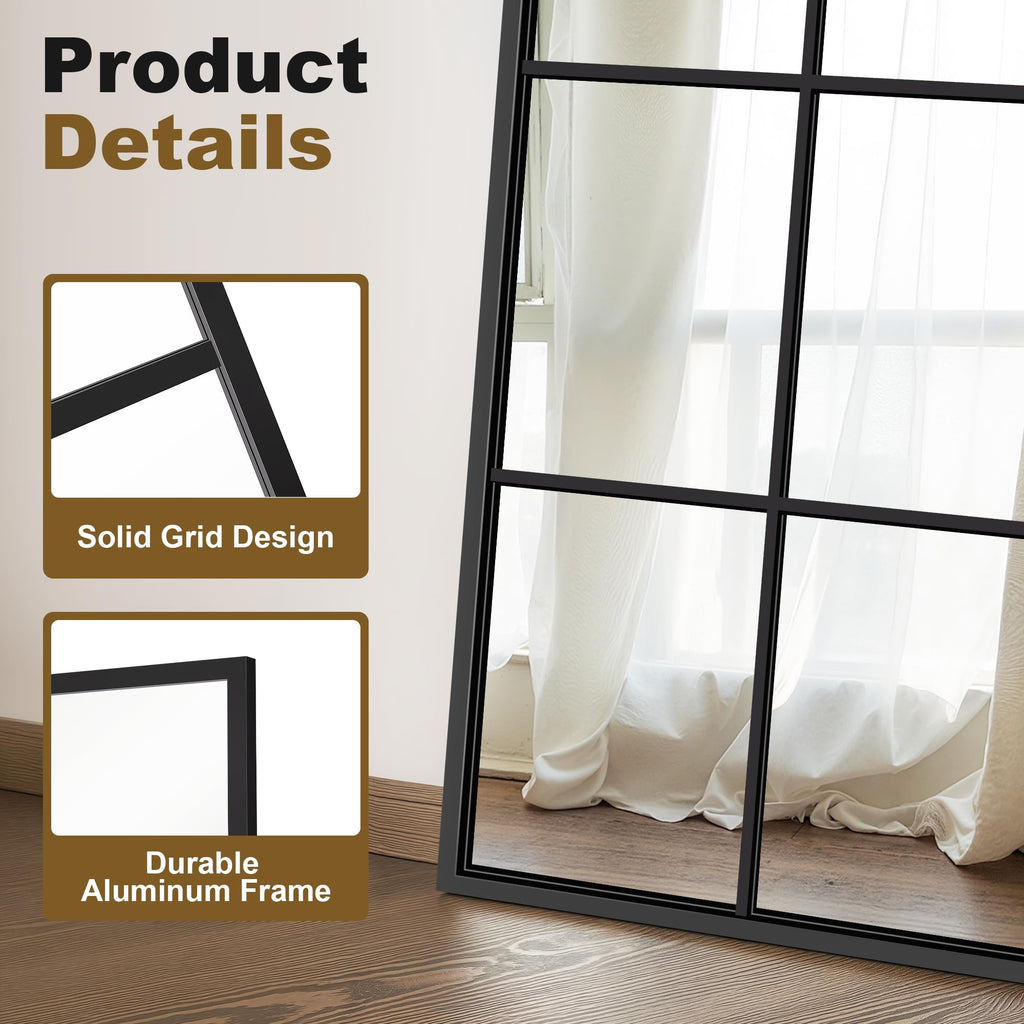 Full Length Mirror Window Pane, 30" x 70" Large Decorative Mirror, Black