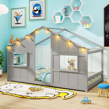 Twin Kids House Bed with Light Bulbs, Wooden Montessori Floor Bed Frame with Roof & Windows, Twin Floor Bed for Kids