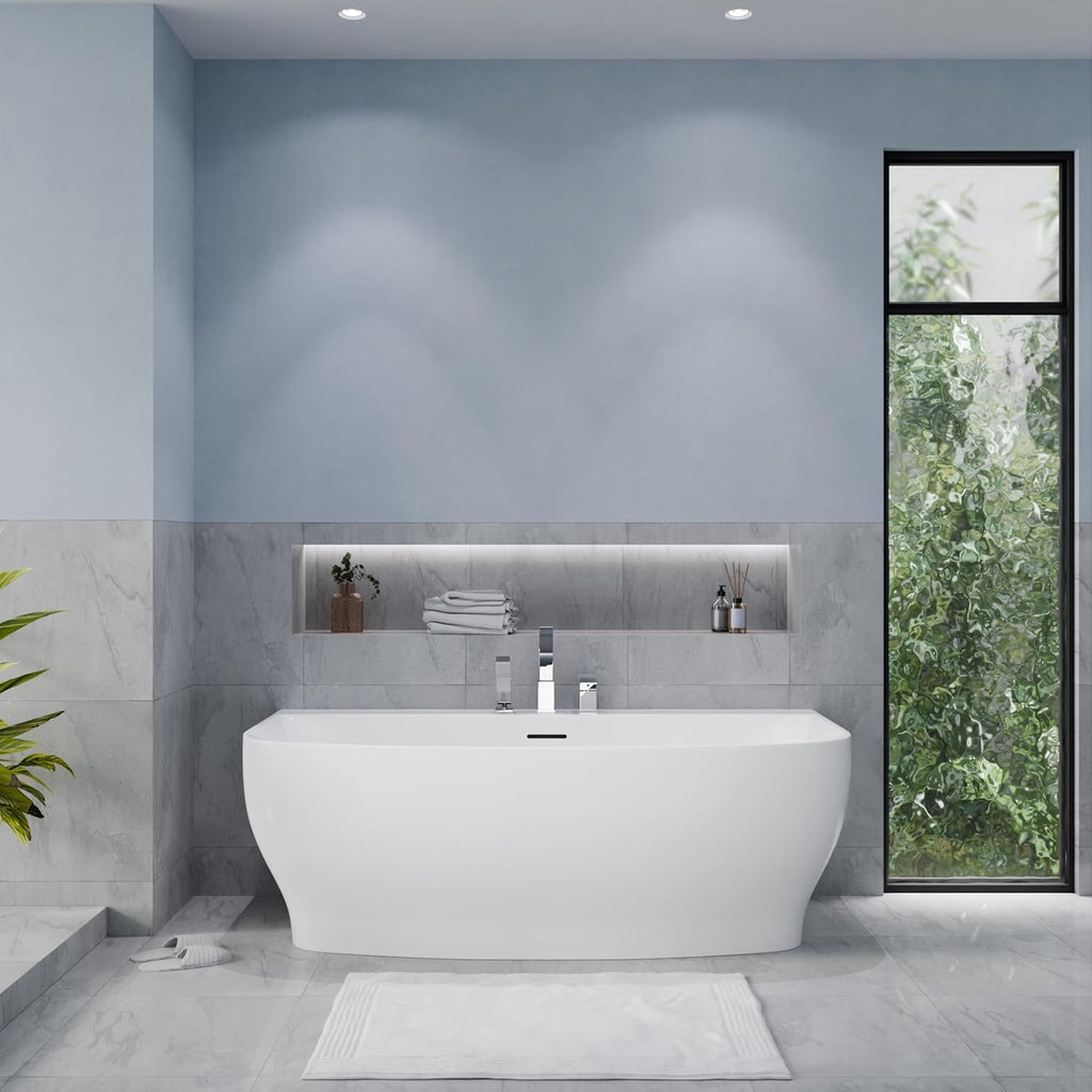 Flat Bottom Freestanding Soaking Bathtub Fiberglass Reinforced Acrylic 65 x 31 Inch Glossy White