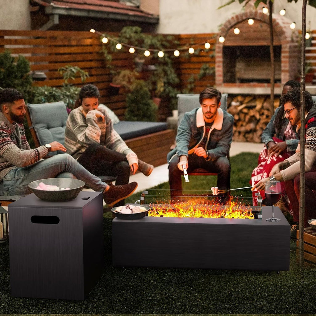 Fire Pit Table 50,000 BTU 42 Inch Rectangular Propane Fire Pit Outdoor with Wind Guard Glass, Lid, Rocks and Cover Gas Firepit