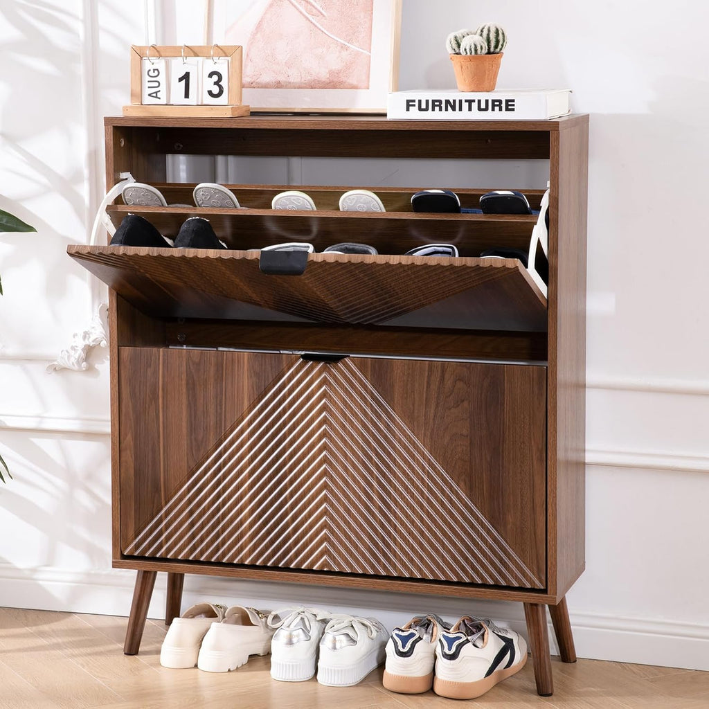 Shoe Cabinet Storage, Farmhouse Freestanding Organizer with 2 Flip Drawers and 4 Wooden feet, Narrow Shoe Rack