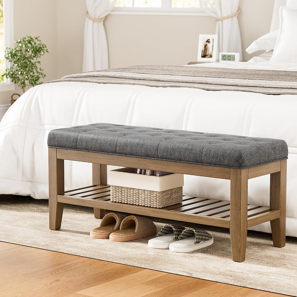 End of Bed Storage Bench, 42.9" Entryway Shoe Bench with Solid Wood Shelf, Upholstered Ottoman with Padded Seat and