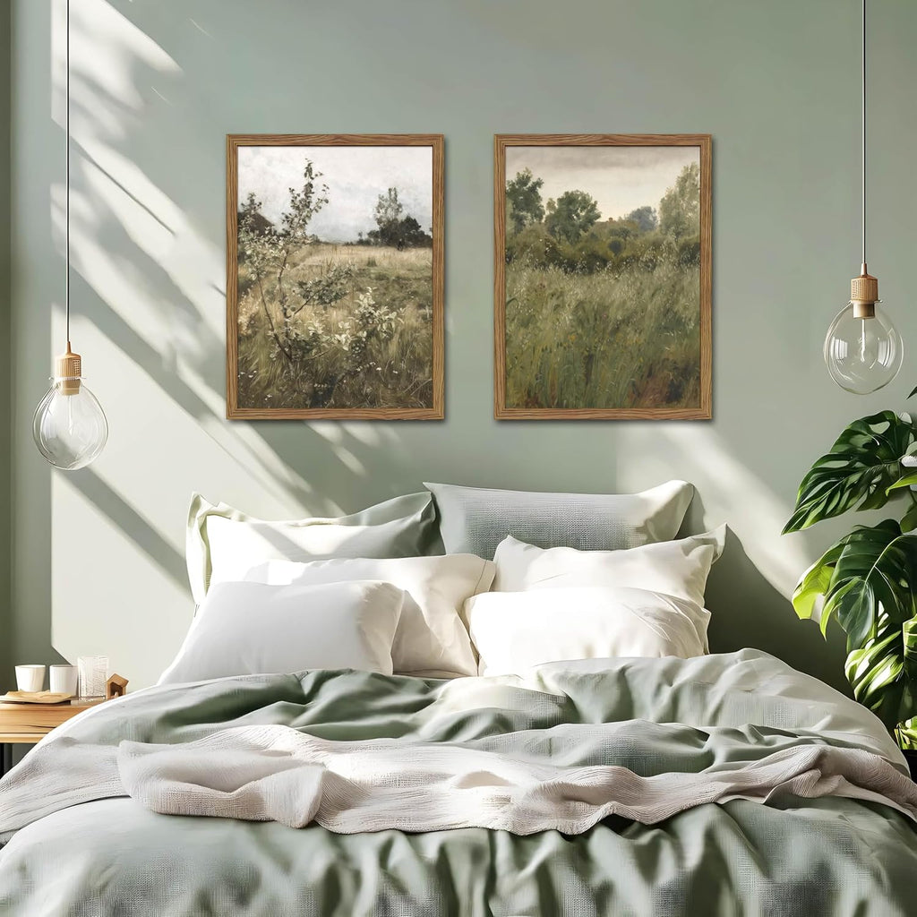 Vintage Landscape Wall Art Set of 2, Green Natural Wilderness Farmhouse Canvas Wall Decor Paintings, Retro Country