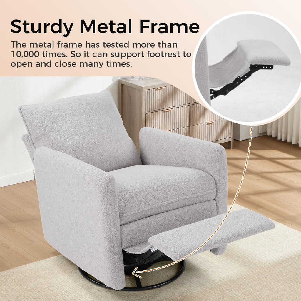 Swivel Rocker Recliner Chair, Teddy Upholstered Nursery Glider Chair, Manual Reclining Chair with Two Removable