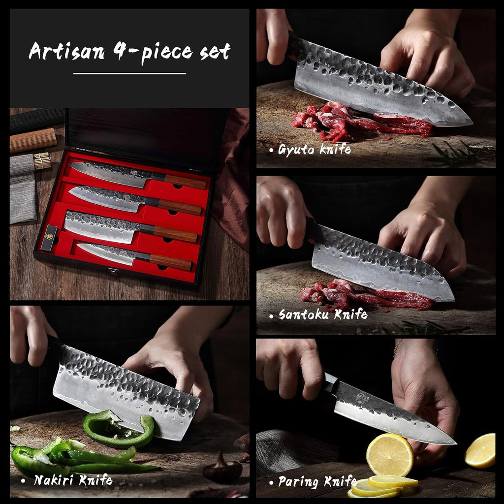 4-Piece Japanese Chef Knife Set, San-Mai 9Cr18MoV | Gyuto Santoku Nakiri Paring, Deep-Cryo Heat Treatment, Tsuchime