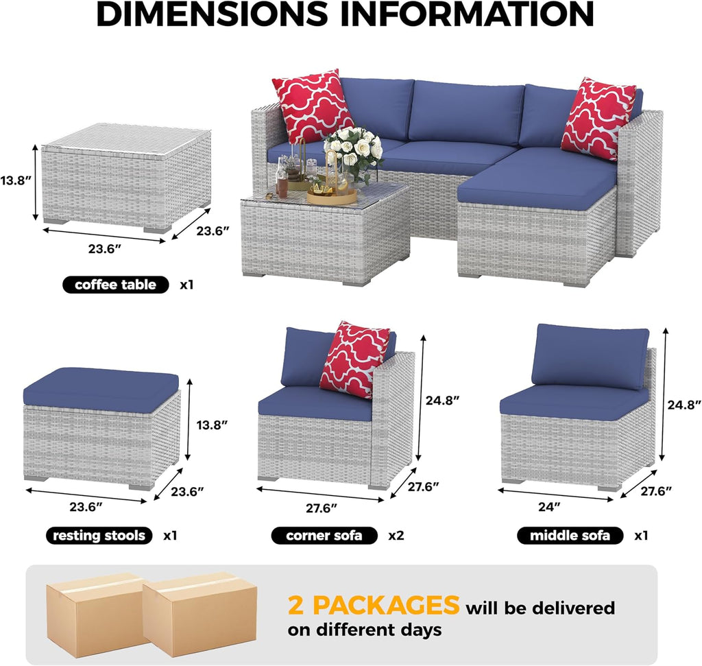 5 Piece Patio Furniture Set, Rattan Sectional Sofa with Glass Storage Table | Rust-Resistant Steel Frame,PE