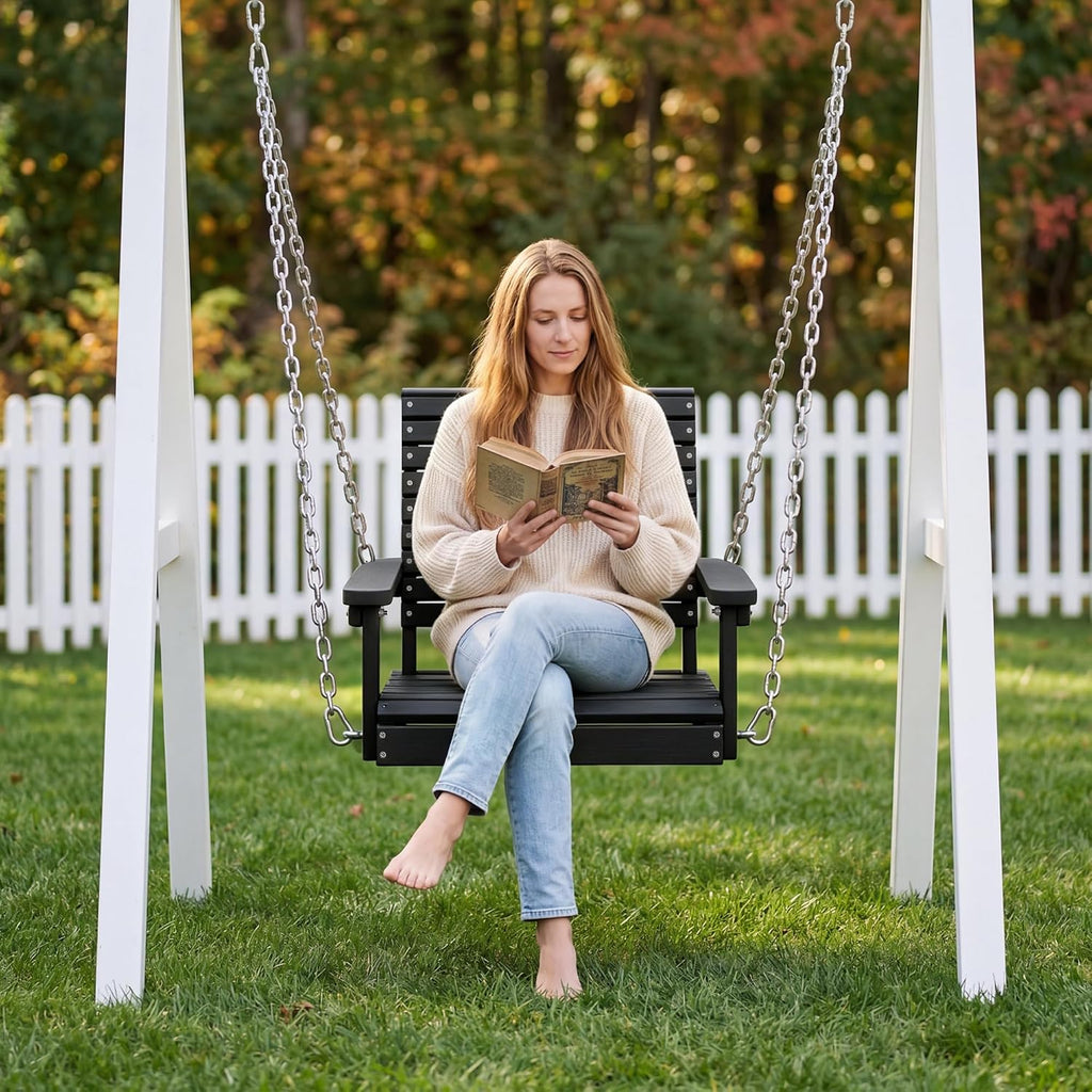 HDPE Single Outdoor Porch Swing, 360 LBS Hanging Swing Chair, Black | All-Weather & Fade Resistant, Adjustable