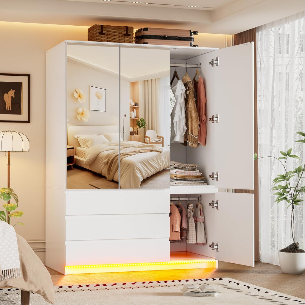 3 Doors Armoire Wardrobe Closet, 72.83" H Bedroom Armoires | Clothing Storage Cabinet with Mirror & Lights, 3