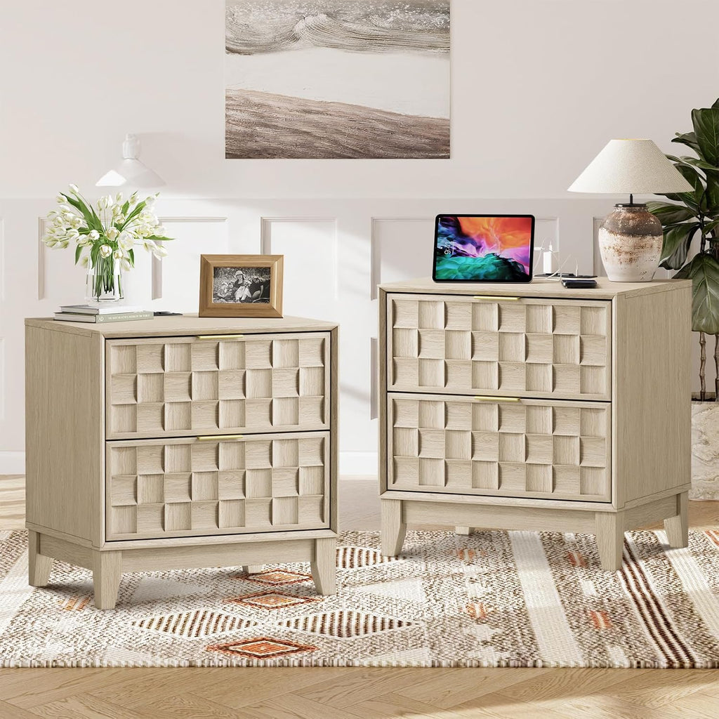 Night Stand with Charging Station Set of 2, Modern Nightstand Bedside Table, Wooden 2 Drawers Dresser, with