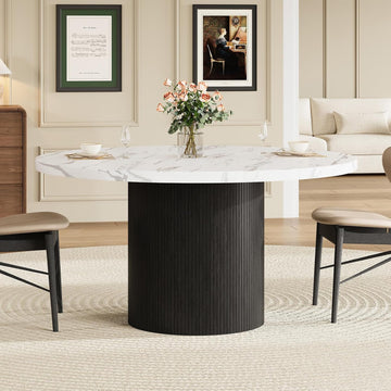 Round Kitchen Dining Table for 4-6 People, 47 inch Mid-Century Circle Dinner Tables, Rustic Wood Base in Fluted