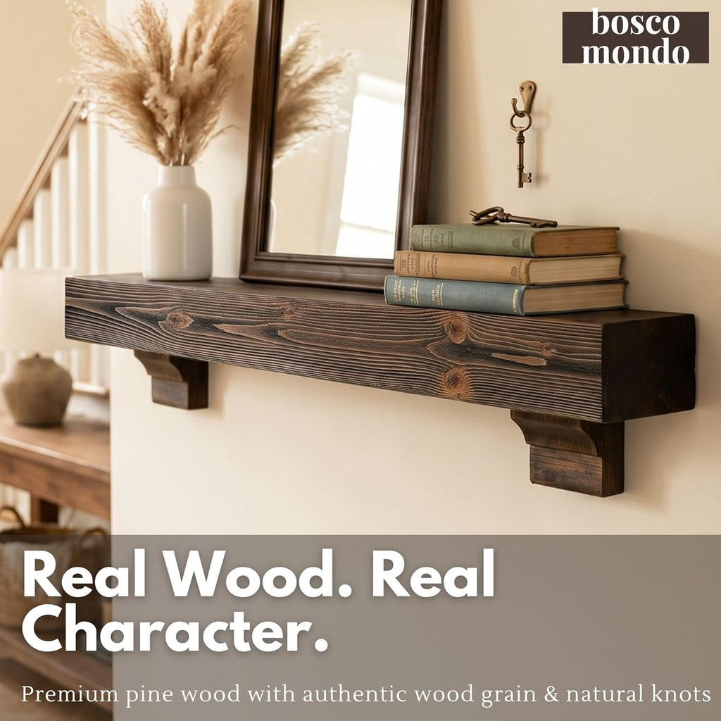 Shelf with Corbels - Rustic Farmhouse Wooden Mantel, Solid Pine Floating Mantel Shelf for Wall, Decorative for Living