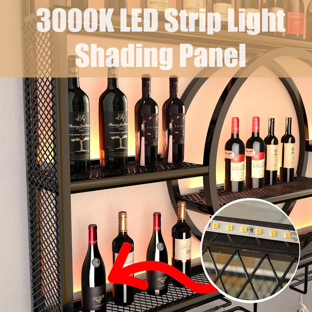 Wine Rack Wall Mounted with LED Light,Bar Liquor Shelf,Black,100*80*15 | Metal,3-Tier,Wine Glass Holder,Modern,Home