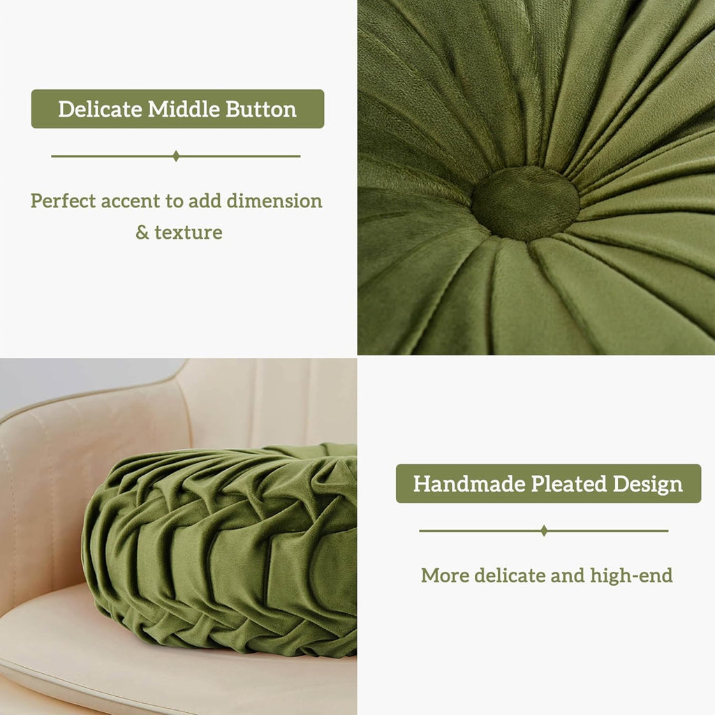 Set of 2 Decorative Round Pleated Throw Pillows, Classy Accent Pumpkin Throw Pillows with Center Button, Vintage