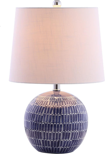 21" Navy Ceramic Hand-Painted Scallop Sphere Table Lamp, Coastal Transitional Bedside Lamp with Whit