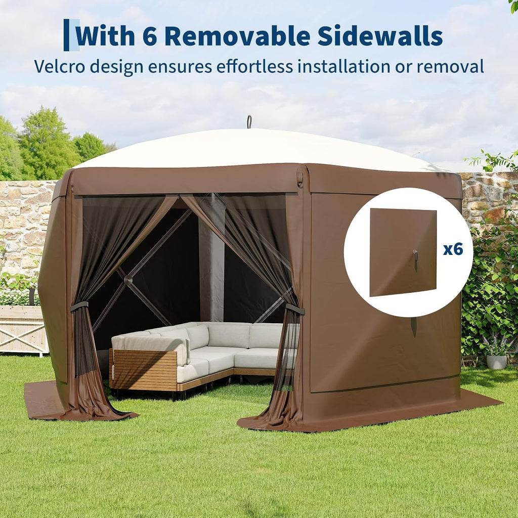 11.5x11.5FT 6-Sided Pop Up Gazebo Tent，One-Push Setup Canopy Tent with Mesh Panels & Removable Wind Cloths