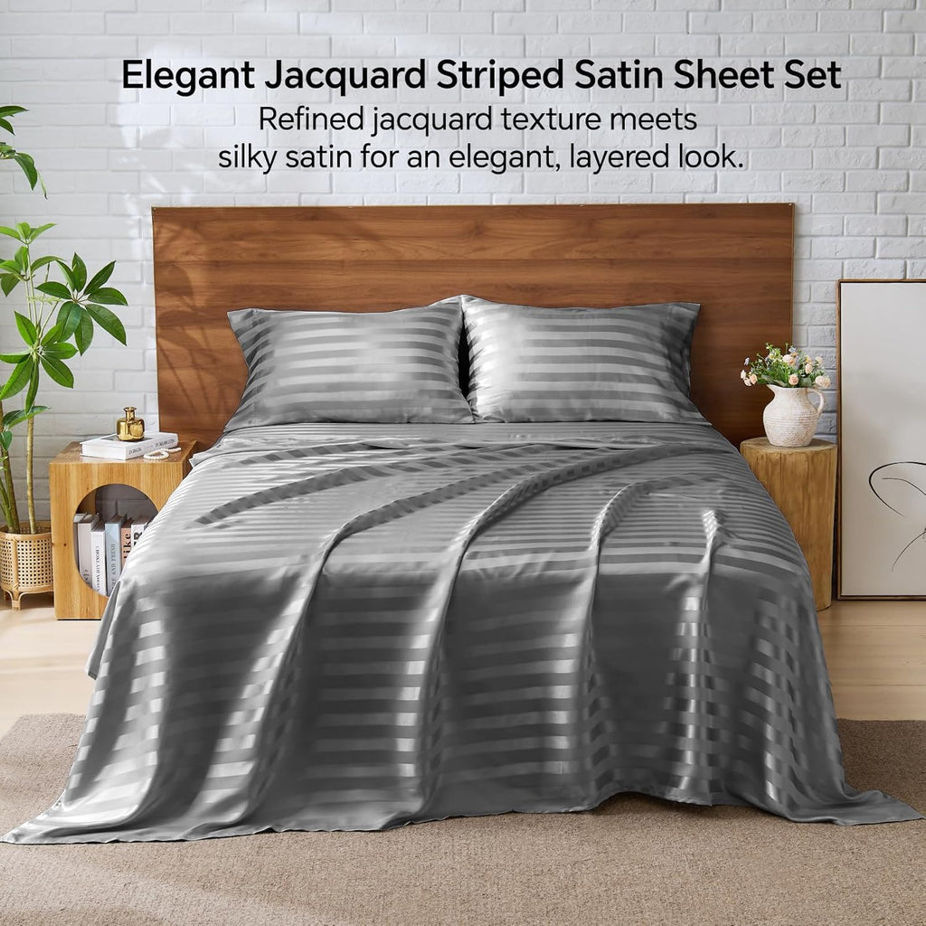 Jacquard Striped Satin Sheet Cal King, Dark Grey - Set of 4