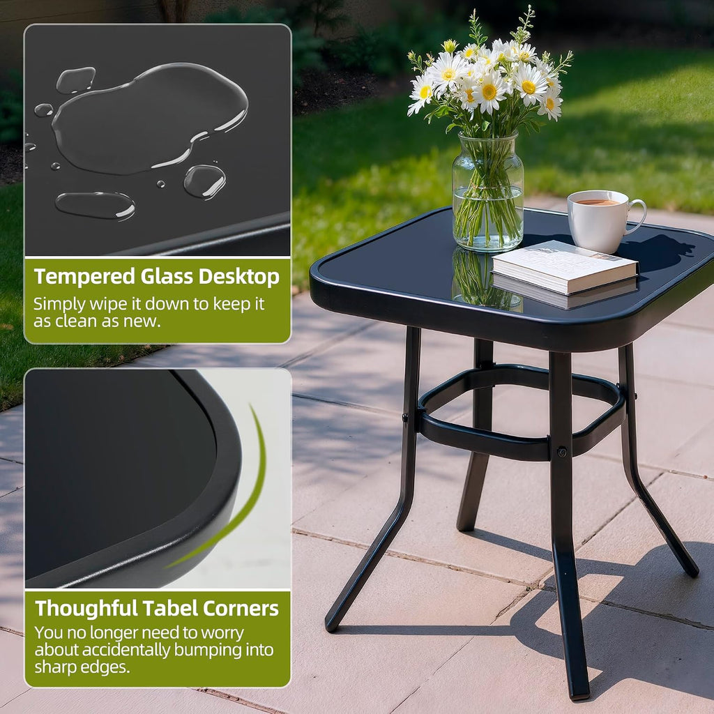 Outdoor 3-Piece Rocking Chairs Patio Bistro Set Black Steel Furniture with Thickened Cushion and Glass-Top Coffee